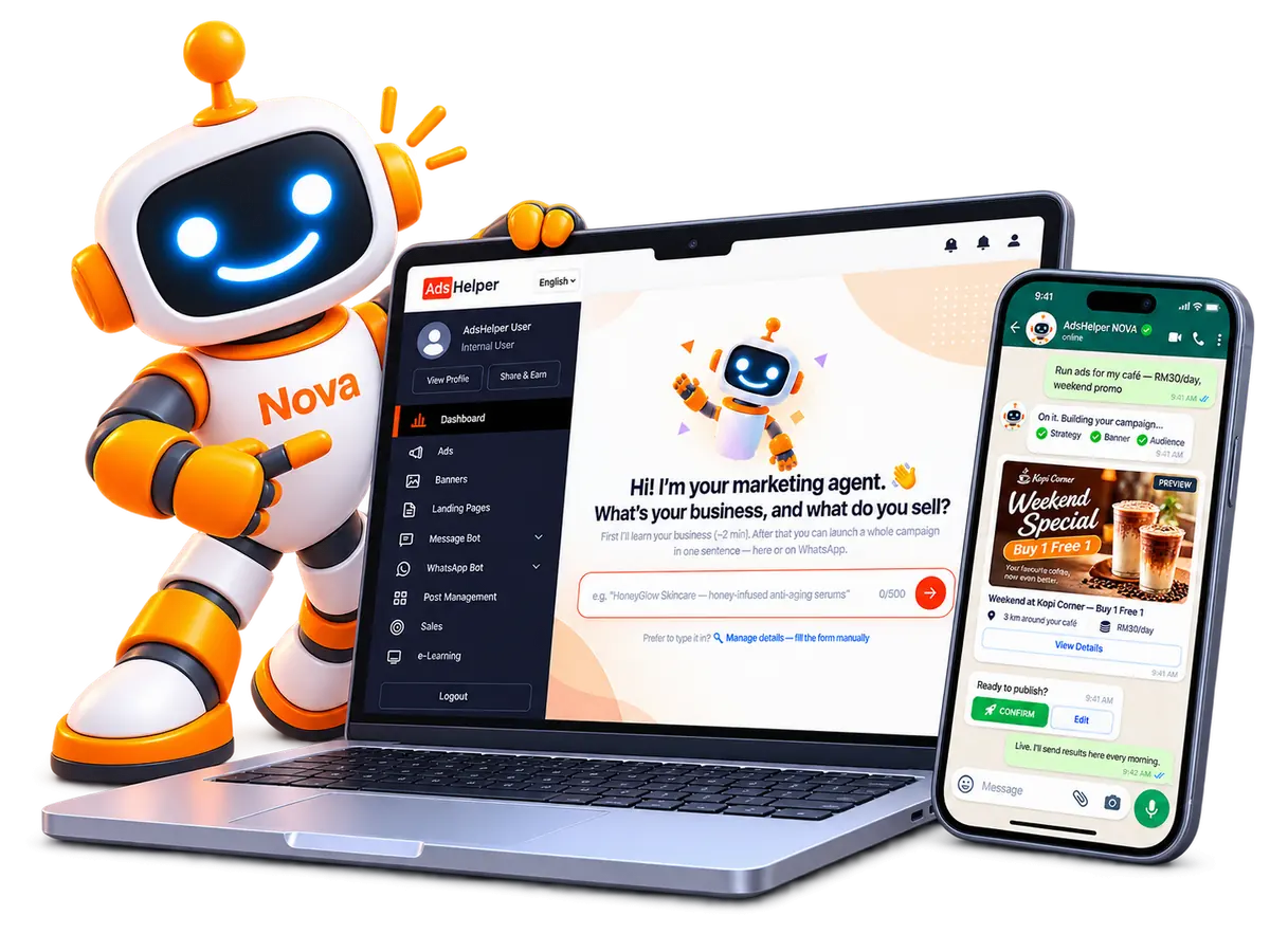 NOVA with the AdsHelper dashboard and WhatsApp campaign chat